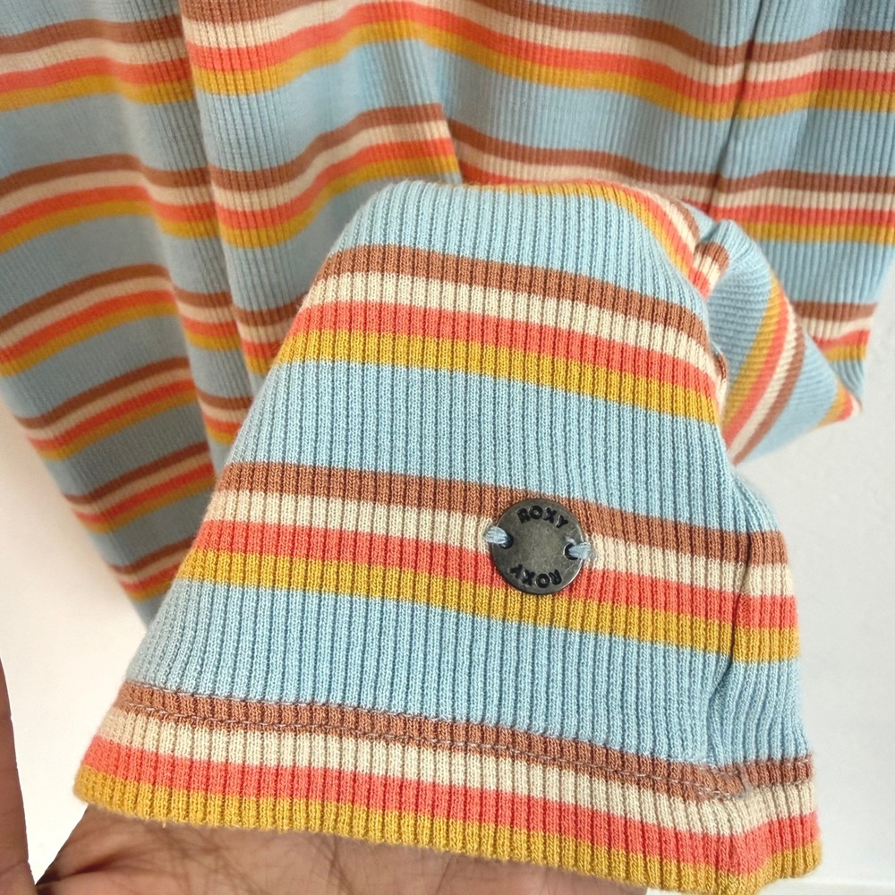 Roxy Ribbed Midi Dress M Blue Orange Striped Lettuce Edge‎ Retro Coastal Preppy - Picture 5 of 14